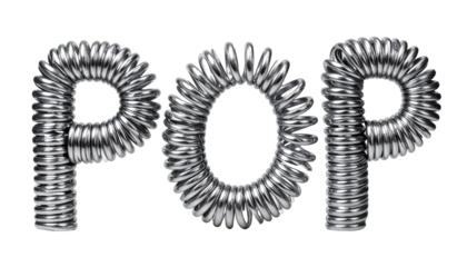 Silver metal spring letters spelling "POP" against black