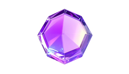 Polygonal, gem-like object with refractive surfaces, lit with pink and purple hues