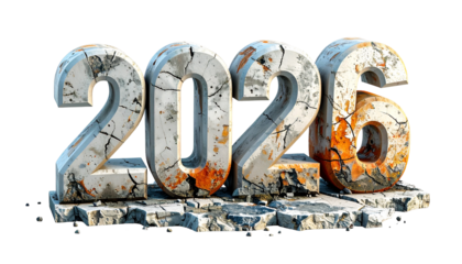 Weathered, cracked numbers "2026" sit on a broken surface