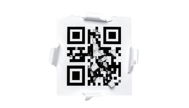 Damaged QR code taped to a black background - Powered by Adobe