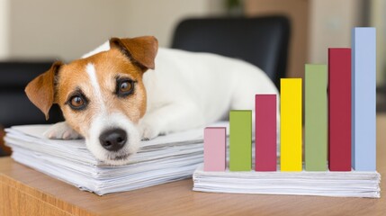 Playful dog relaxing on a stack of papers while reviewing data trends and insights in a creative workspace environment