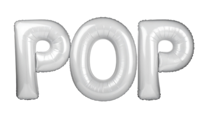 Inflatable white letters spelling "POP" against a black background