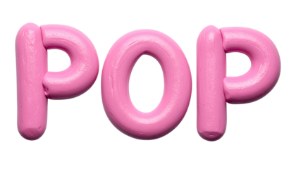 Pink, inflated word "POP", created from a soft, rounded material, against black
