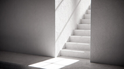 3D render of stair base with dramatic sunlight and shadows. Ideal for architectural visualization, interior design, and minimalist concept mockups with strong geometric contrast.