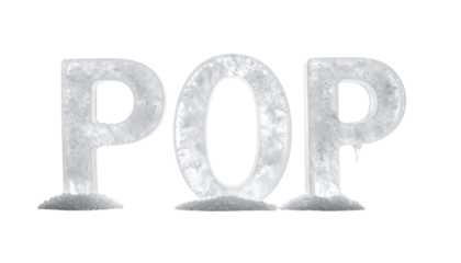 The word "POP" made of ice, melting against a black background