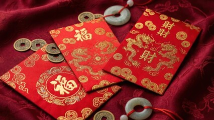 Red Envelopes With Gold Patterns On Red Silk For Prosperity Wealth Concept