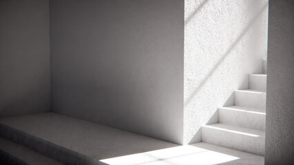 3D render of stair base with dramatic sunlight and shadows. Ideal for architectural visualization, interior design, and minimalist concept mockups with strong geometric contrast.