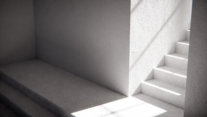 3D render of stair base with dramatic sunlight and shadows. Ideal for architectural visualization, interior design, and minimalist concept mockups with strong geometric contrast.