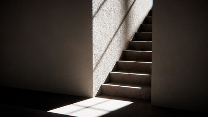3D render of stair base with dramatic sunlight and shadows. Ideal for architectural visualization, interior design, and minimalist concept mockups with strong geometric contrast.