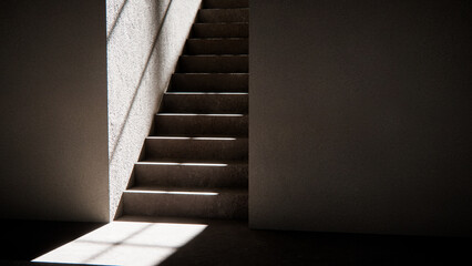 3D render of stair base with dramatic sunlight and shadows. Ideal for architectural visualization, interior design, and minimalist concept mockups with strong geometric contrast.