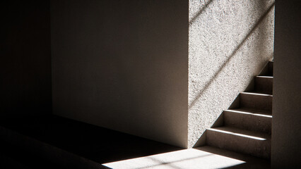 3D render of stair base with dramatic sunlight and shadows. Ideal for architectural visualization, interior design, and minimalist concept mockups with strong geometric contrast.