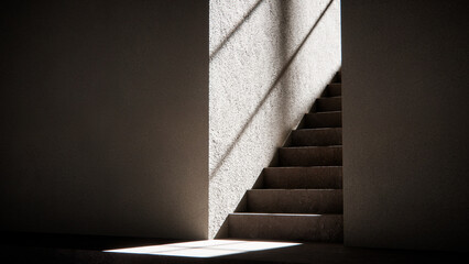 3D render of stair base with dramatic sunlight and shadows. Ideal for architectural visualization, interior design, and minimalist concept mockups with strong geometric contrast.