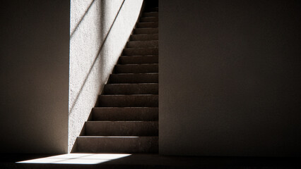 3D render of stair base with dramatic sunlight and shadows. Ideal for architectural visualization, interior design, and minimalist concept mockups with strong geometric contrast.