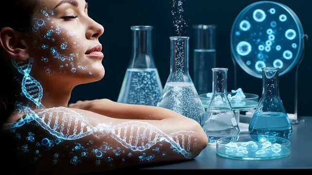 A woman serenely interacts with glowing DNA and molecular elements, symbolizing advanced skincare and wellness through innovative Synthetic Biology Design and scientific research.