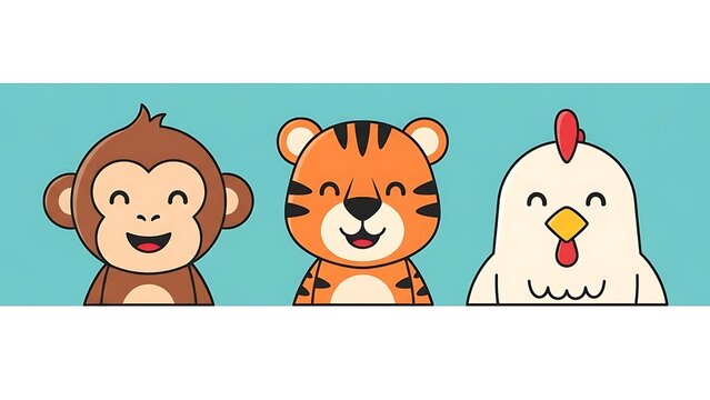 Cartoon monkey tiger and chicken friends.
