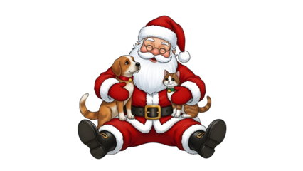 Santa Claus with dog and cat sitting on lap in festive holiday illustration on transparent background