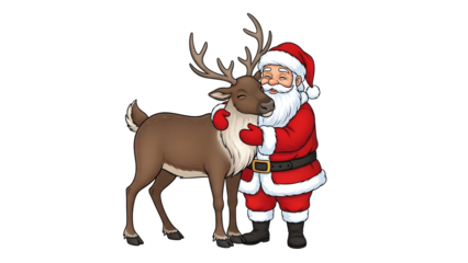 Santa Claus hugging reindeer with red nose on transparent background