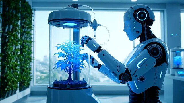 AI-powered robot performs delicate care on an engineered luminous plant, symbolizing the cutting edge of Synthetic Biology Design and automated cultivation in advanced research.