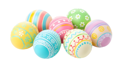 Colorful patterned Easter eggs cluster on transparent background