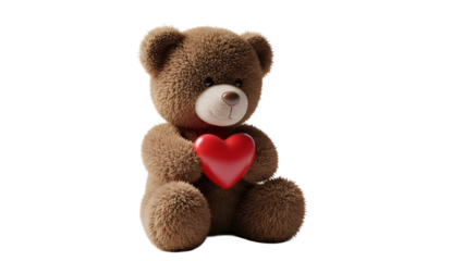 Cute brown teddy bear holding red heart on transparent background