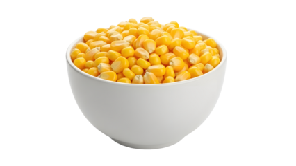 Fresh yellow corn kernels in white bowl on transparent background
