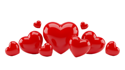 Vibrant 3D Red Hearts Clustered Together on Transparent Background