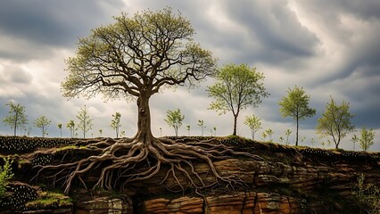 Tree with exposed roots on rocky cliffside with smaller trees clouds