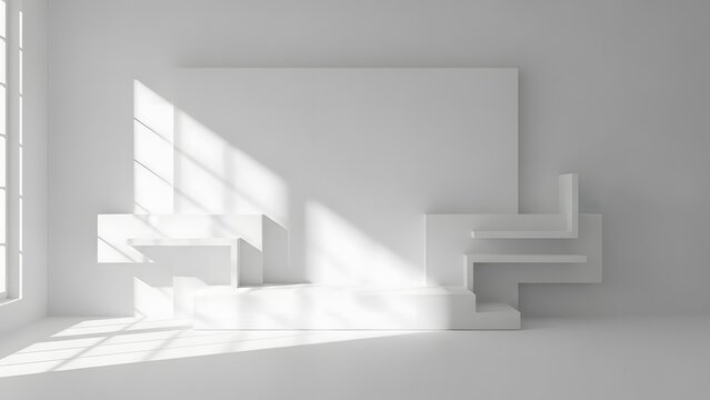 Modern Minimalist White Room Interior with Geometric Shapes and Sunlight Shadows