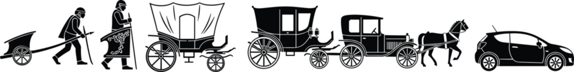 Fototapeta premium Transportation evolution timeline illustration showing ancient carts horse carriages vintage automobiles and modern electric car silhouette vector design for history