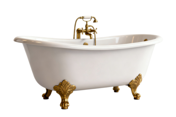 Elegant White Clawfoot Bathtub with Golden Fixtures