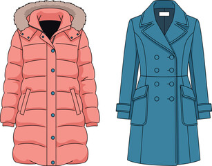 Vector illustration of peach puffer coat with fur hood and teal tailored overcoat for winter fashion themes. © REYAD