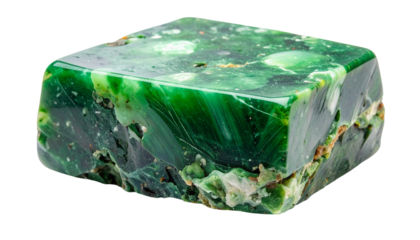 Vibrant polished block of rich green stone, displaying natural variations