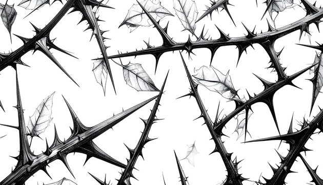 Monochrome close-up of thorny branches with sparse leaves, against black