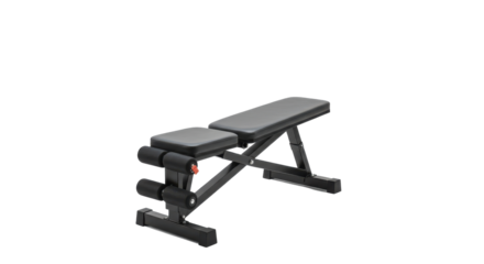 Adjustable black weight bench with padded seat and leg rollers for core workouts