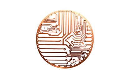 Copper-toned circular circuit board with intricate pathways against black