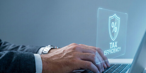 Financial high level planning concept for tax efficiency strategy virtual interface on laptop for serious business professional