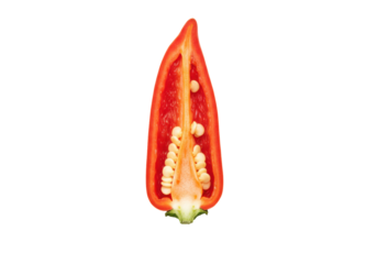 Vivid Red Bell Pepper Half with Seeds and Stem Detail, Freshly Cut