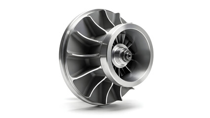 High performance metal turbocharger compressor wheel on white background.