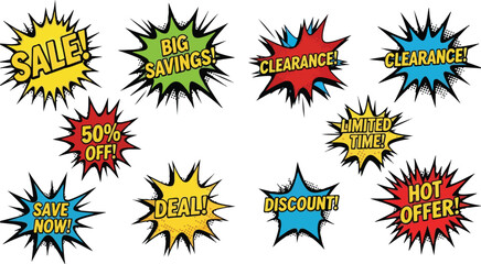 Collection of colorful, eye-catching sale and promotional stickers with various text and designs for advertising