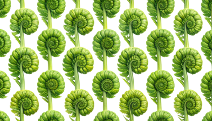 Repeating pattern of vibrant, spiraled plant fronds on a dark background