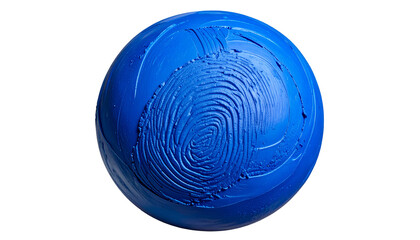 A detailed close-up of a blue, textured sphere with a fingerprint imprint