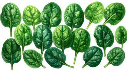 Watercolor illustration of fresh, vibrant spinach leaves