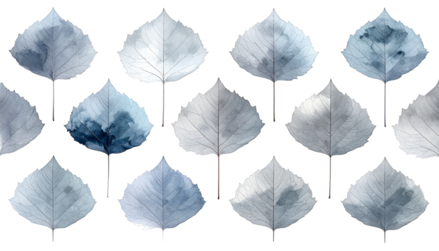 Watercolor leaves in various shades of blue and gray on a black background - Powered by Adobe