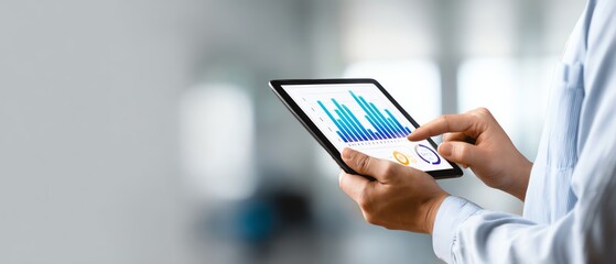 Business analyst reviewing AI-generated insights through digital tablet on white background