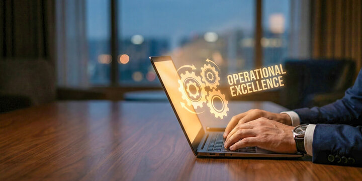 Business financial high level planning concept with operational excellence glowing gear icon near hands typing on laptop in modern office - Powered by Adobe