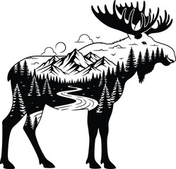 Majestic moose silhouette with mountain and forest landscape