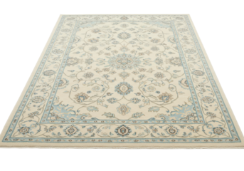 Intricate Floral Patterned Rug with Pale Blue Accents and Creamy Background