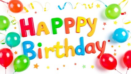 Colorful happy birthday message with balloons and confetti