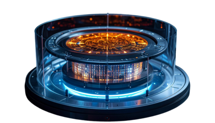 Futuristic tech display, glass casing, glowing circuits and core elements