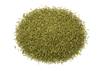 Circular Pile of Dried Rosemary Leaves, Culinary Herb, Top View, Isolated.